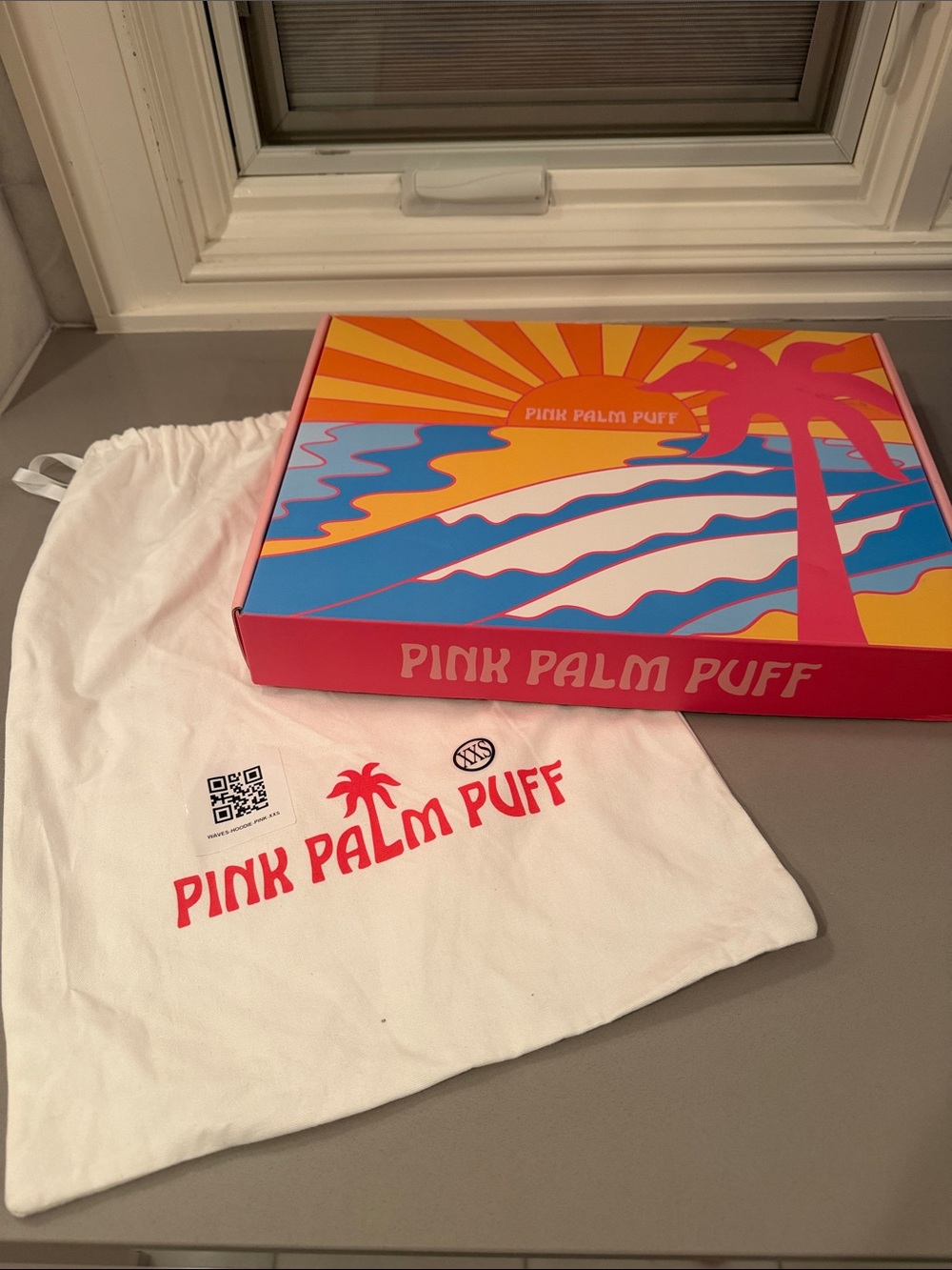 Pink Palm Puff Women's White Logo Sweatshirt Box and Bag